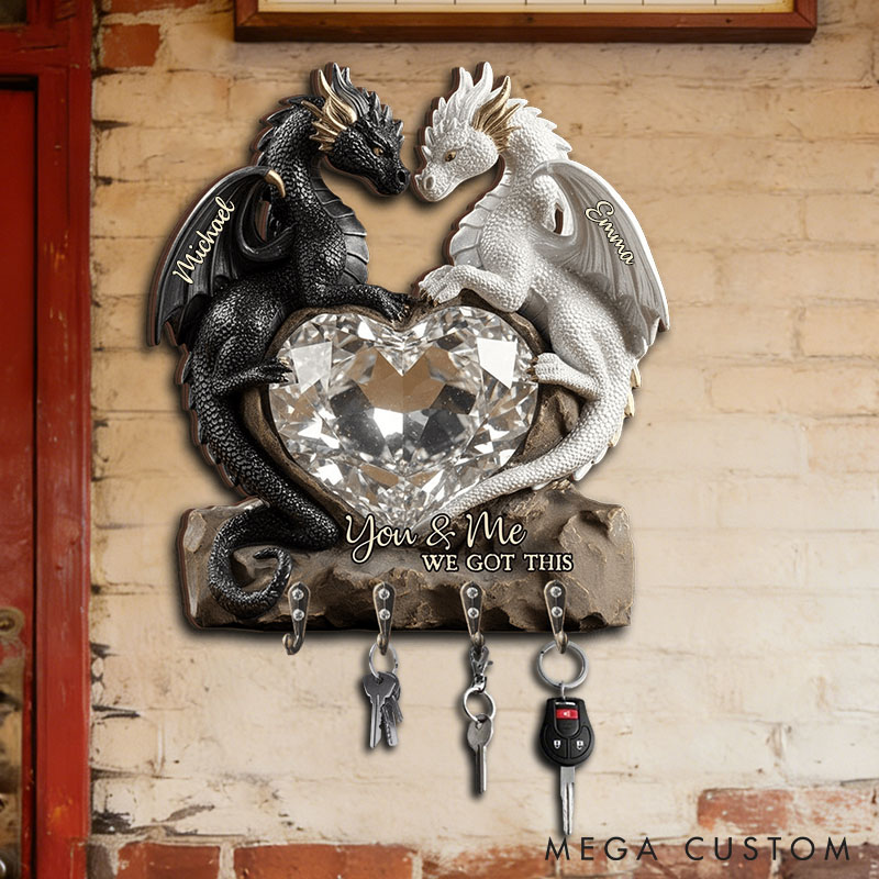 Personalized Retro Dragon Couple You and Me We Got This Wooden Key Holder Custom Shaped Graphic 3D Printed Key Hanger Anniversary Valentine's Day Gift