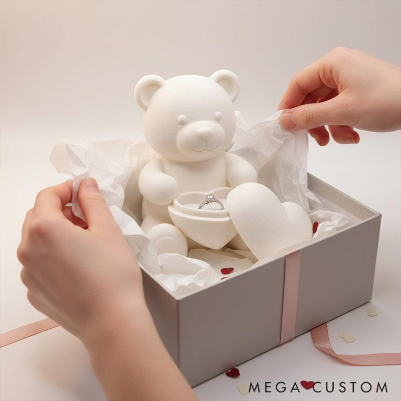 Personalized Couple White Teddy Bear Heart Ring Holder Custom Engagement 3D Printed Bear Ring Box for Newlyweds Valentines Day Gift for Him Her