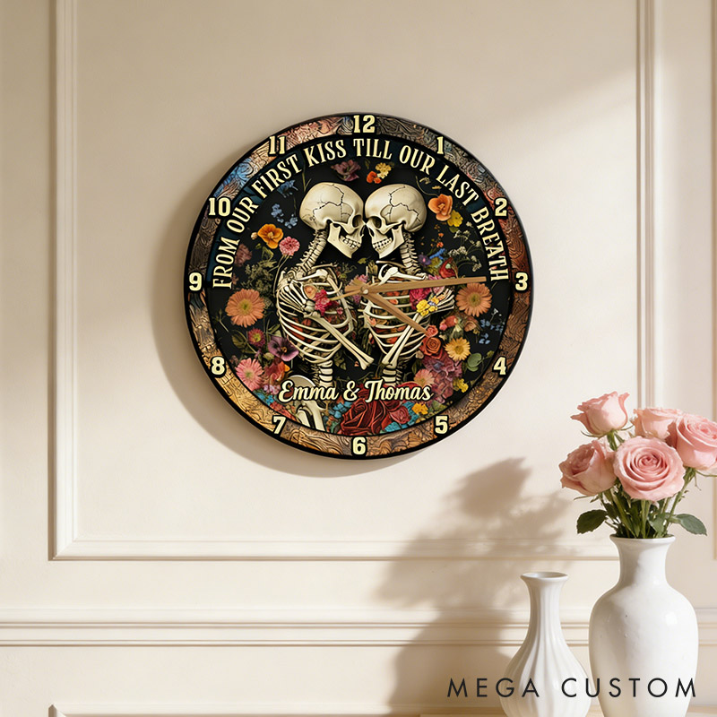 Personalized Skeleton Couple From Our First Kiss Till Our Last Breath Wall Clock Custom Gothic Retro Graphic 3D Printed Wall Clock Valentines Day Gift