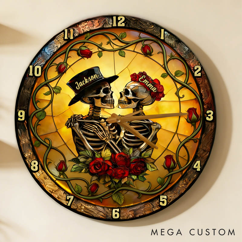 Personalized Skeleton Couple From Our First Kiss Till Our Last Breath Wall Clock Custom Gothic Rose Graphic 3D Printed Wall Clock Valentines Day Gift