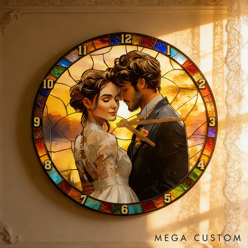 Personalized Couple Photo Stained Glass Design Wall Clock Custom Watercolor 3D Effect Wall Clock with Couple Photo Anniversary Valentines Day Gift