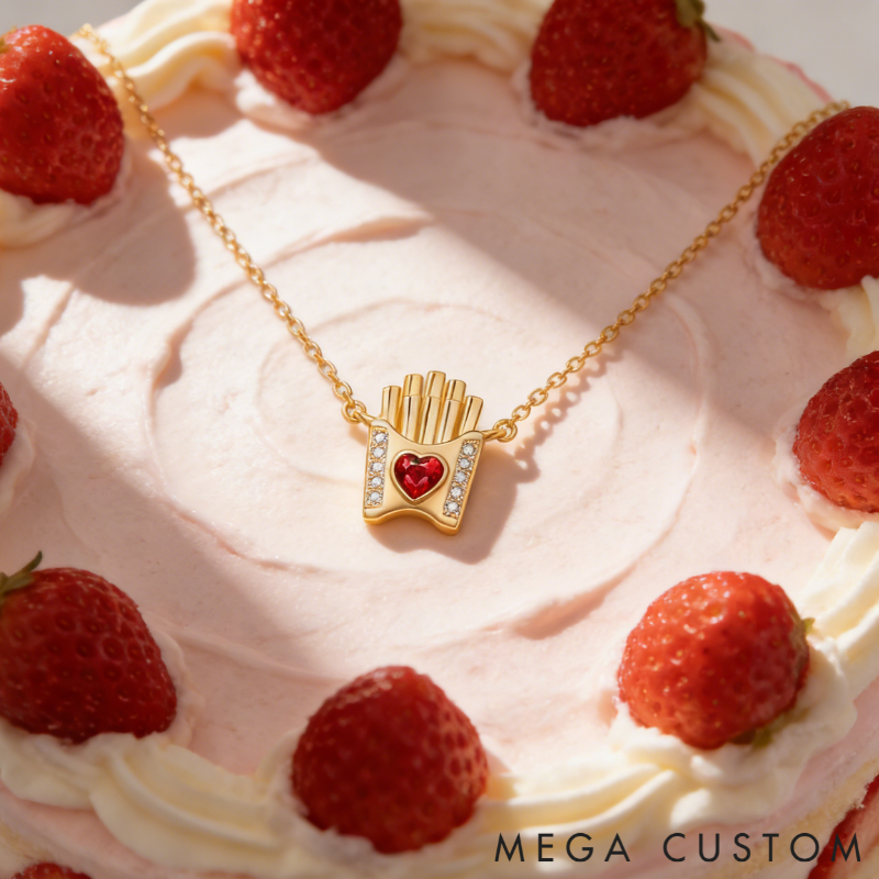 Personalized Fun Sterling Silver French Fries Pendant Necklace with Custom Birthstone