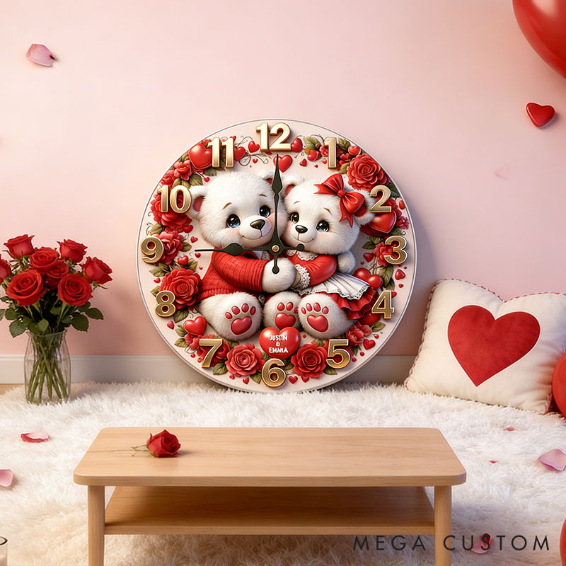 Personalized Bear Couple Happy Valentine's Day Wall Clock Custom Red Rose Bear with Heart 3D Effect Wall Clock Anniversary Valentines Day Gift