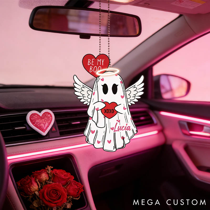 Personalized Couple Be My Boo Ghost Acrylic Ornament Custom Ghost Holding Hearts Car Ornament with Name Anniversary Valentine's Day Gift for Him Her