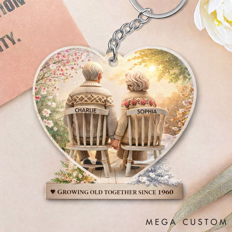 Personalized Heart-Shaped Couple Keychain Growing Old Together Elderly Valentine's Gift Couple Anniversary Keychain for Her Him
