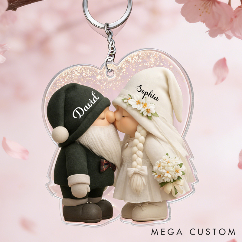 Personalized Gnome Couple Keychain Kiss Couple Gnome Keyring Wedding Anniversary Gift for Him Her Valentine's