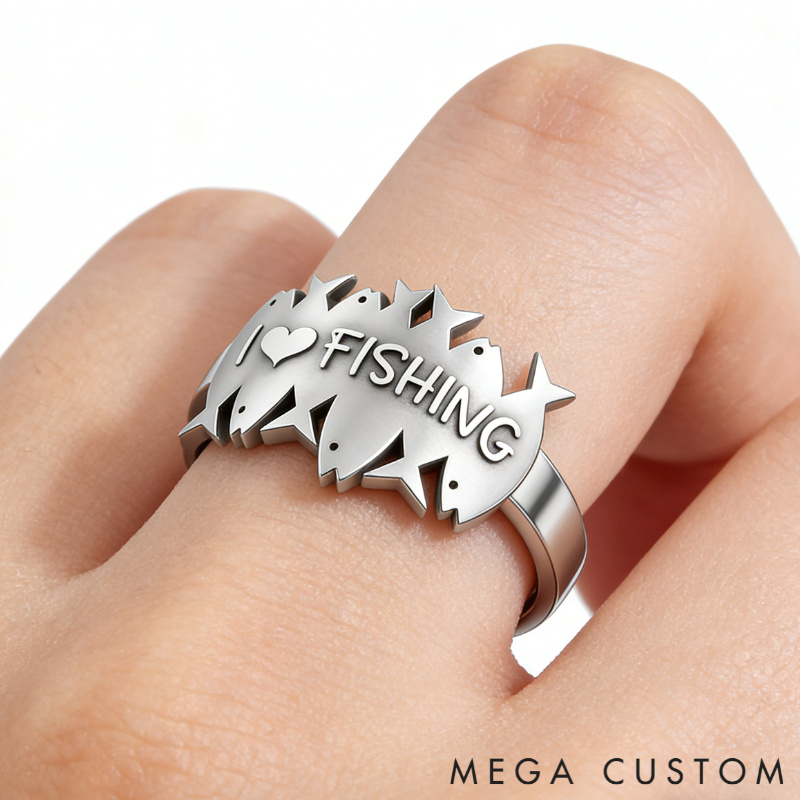 Personalized I Love Fishing & You Ring Engraved Romantic Gift for Anglers Fisherman's Surprise Present