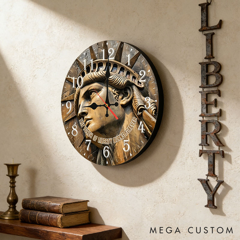 Personalized Man Woman The Torch of Liberty Burns Forever Wall Clock Custom 3D Effect Clock Independence Day Gift Valentine's Day Gift for Him Her