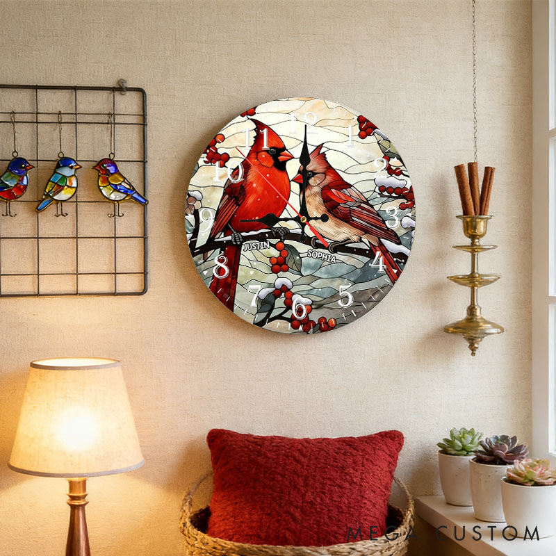 Personalized Couple Vibrant Cardinals Perched on a Branch Wall Clock Custom Stained Glass Design Clock Anniversary Valentines Day Gift for Him Her