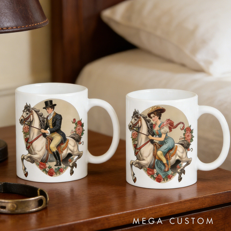 Personalized Couple Mug Victorian Equestrian Art Coffee Mug for Riding Lovers