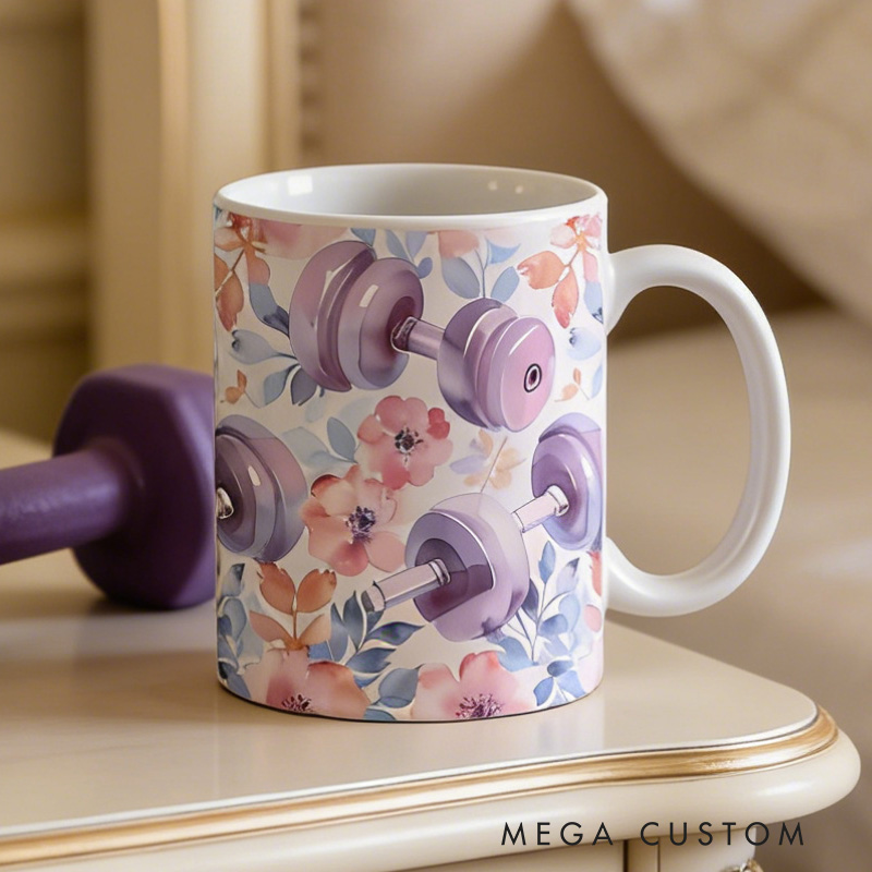 Personalized Couple Mug Floral Gym Weights Coffee Mug Watercolor Fitness Gift for Gym Lover