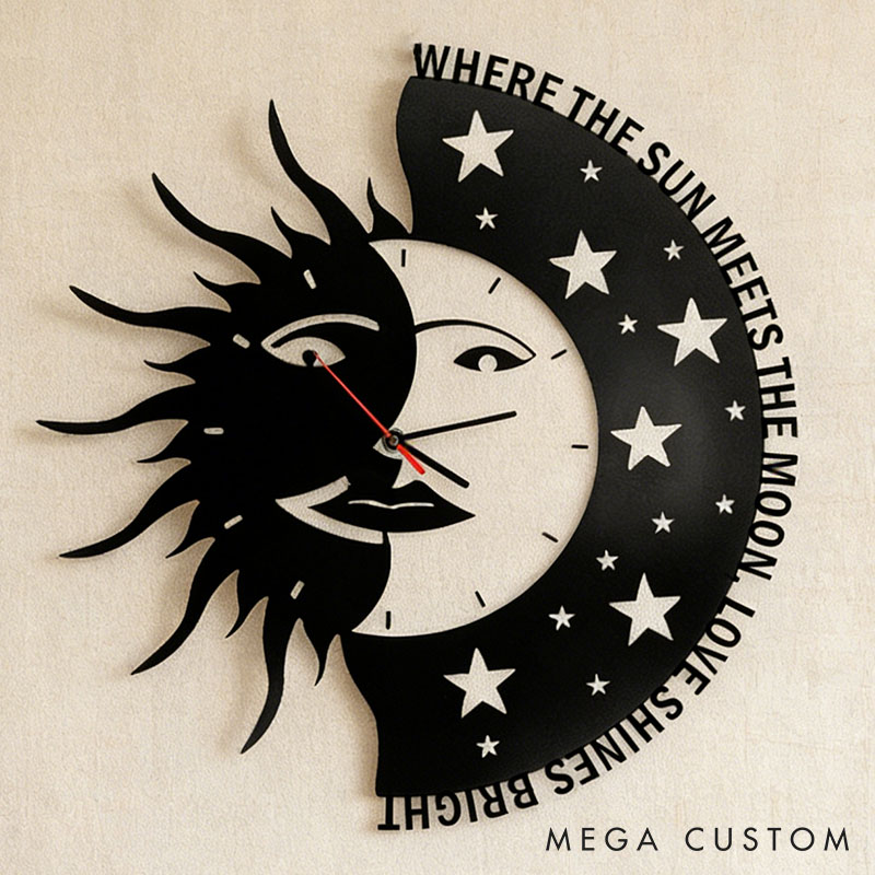 Personalized Couple Where the Sun Meets the Moon Love Shines Bright Metal Wall Clock Custom Wall Clock Anniversary Valentines Day Gift for Him Her