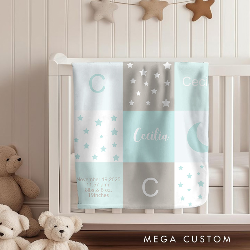 Personalized Baby Name Blanket - Soft Pastel Patchwork Design With Birth Details Moon And Stars Pattern Baby Keepsake