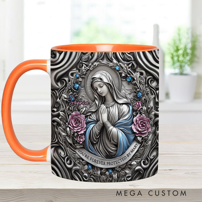 Personalized You're Forever Protected by Mary 11oz Ceramic Mug with Custom Name Religious 3D Coffee Mug Catholic Gift for Women