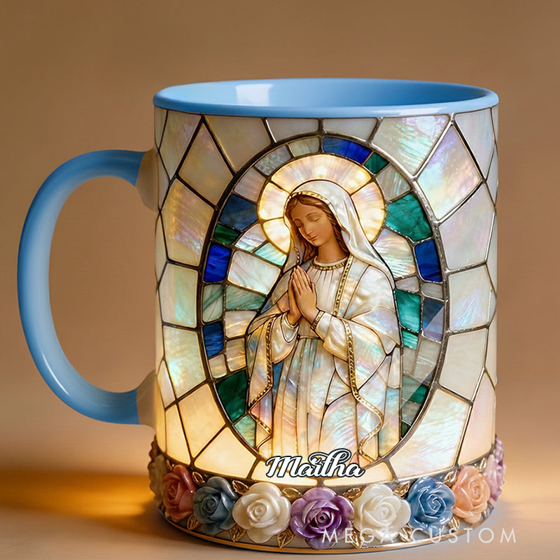 Personalized Our Lady of Grace Stained Glass 11oz Ceramic Mug with Custom Name Religious 3D Coffee Mug Catholic Gift for her