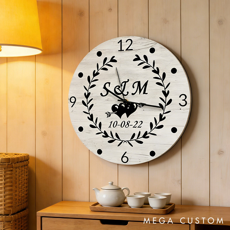 Personalized Couple Initials with Laurel Wreath Wall Clock Custom Newlyweds Wall Clock with Name and Date Anniversary Valentines Day Gift for Him Her
