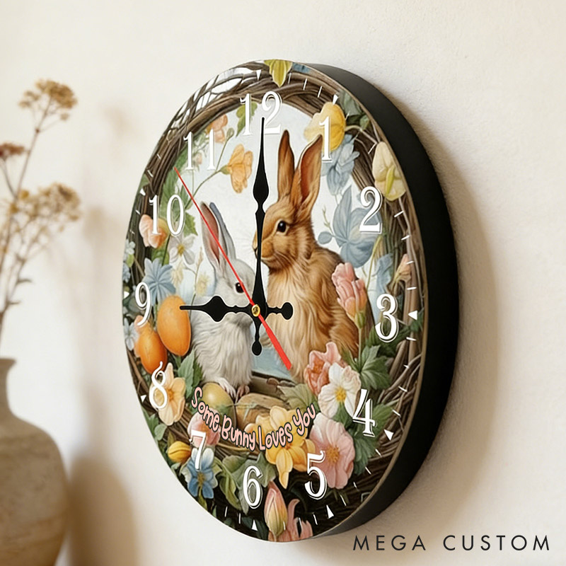 Personalized Couple Some Bunny Loves You Wall Clock Custom Easter Floral Bunny with Eggs Wall Clock with Text Easter Gift for Him Her Anniversary