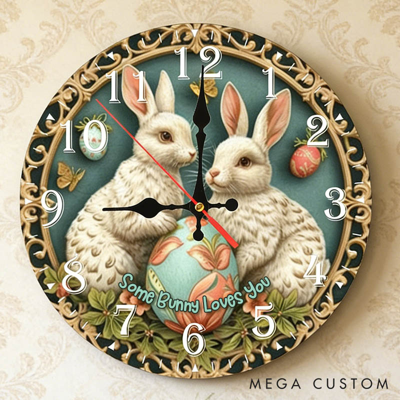 Personalized Couple Some Bunny Loves You Wall Clock Custom Easter Charming Bunny with Eggs Wall Clock with Text Couple Easter Gift for Him Her