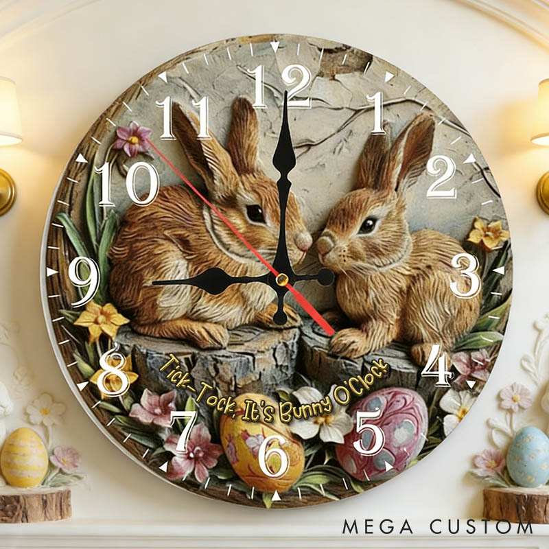 Personalized Couple Tick-Tock It’s Bunny O'Clock Wall Clock Custom Easter Bunny 3D Effect Wall Clock with Text Couple Easter Gift for Him Her