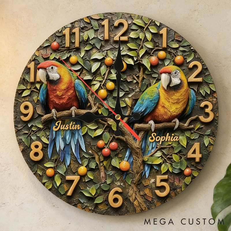 Personalized Parrot Couple Wall Clock Custom Couple Bird on a Branch 3D Effect Wall Clock with Name Couple Anniversary Valentines Day Gift for Him Her