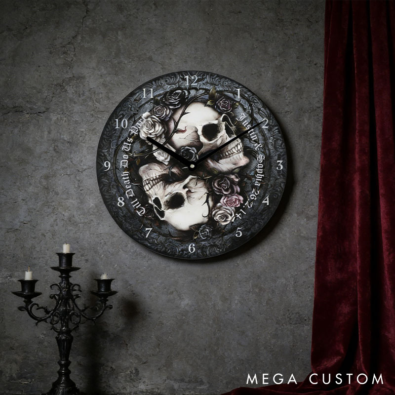 Personalized Skull Couple Till Death Do Us Part Wall Clock Custom Retro Gothic Style 3D Effect Wall Clock Anniversary Gift Valentine's Day Gift