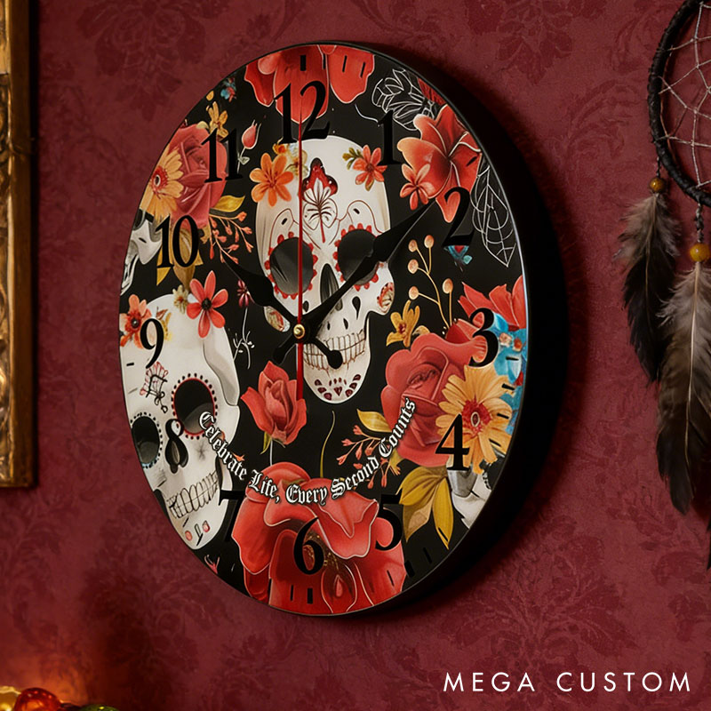 Personalized Skull Couple Celebrate Life Every Second Counts Wall Clock Custom Retro Gothic Style 3D Effect Wall Clock Anniversary Valentines Day Gift