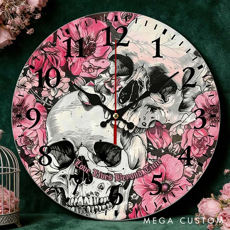 Personalized Floral Skull Couple Love Lives Beyond Time Wall Clock Custom Retro Gothic Style 3D Effect Wall Clock Anniversary Gift Valentines Day Gift
