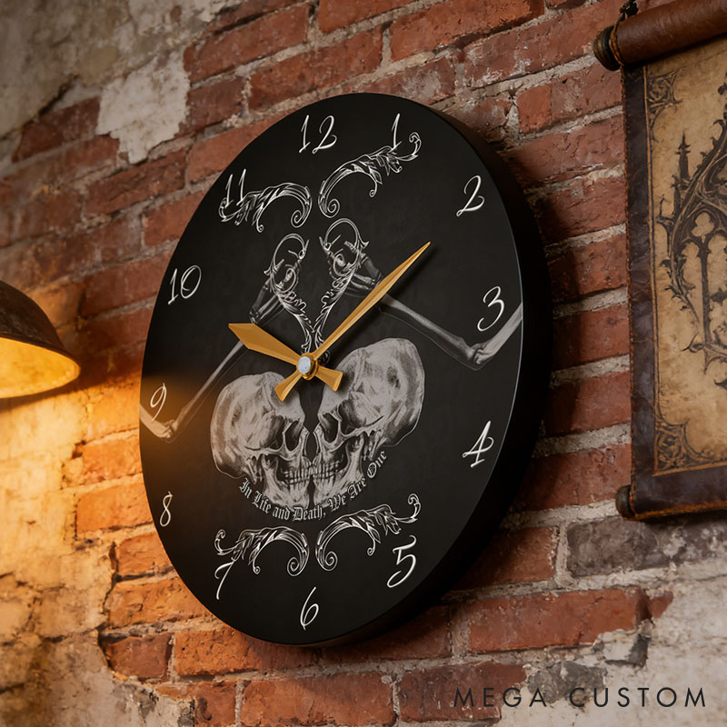 Personalized Skull Couple In Life and Death We Are One Wall Clock Custom Retro Gothic Style 3D Effect Wall Clock Anniversary Gift Valentines Day Gift