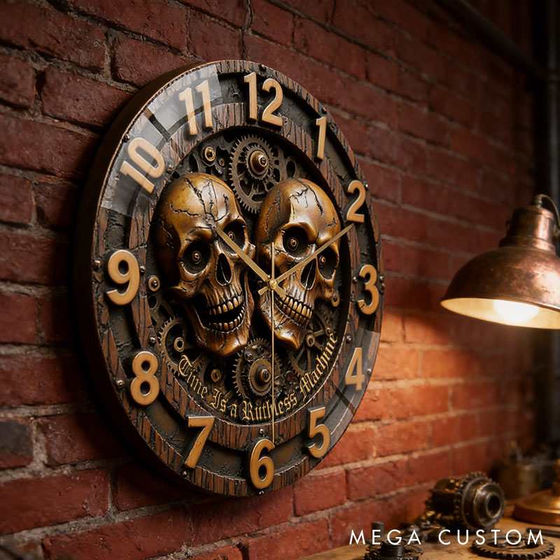 Personalized Skull Couple Time Is a Ruthless Machine Acrylic Wall Clock Custom Imitation Wood 3D Effect Wall Clock Anniversary Valentines Day Gift