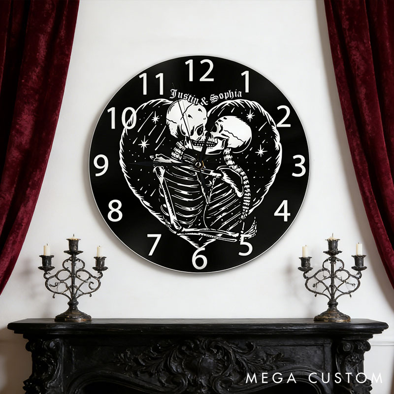 Personalized Skeleton Couple Embracing Wall Clock Custom Couple Till Death Do Us Part Wall Clock with Name Anniversary Valentines Day Gift for Him Her