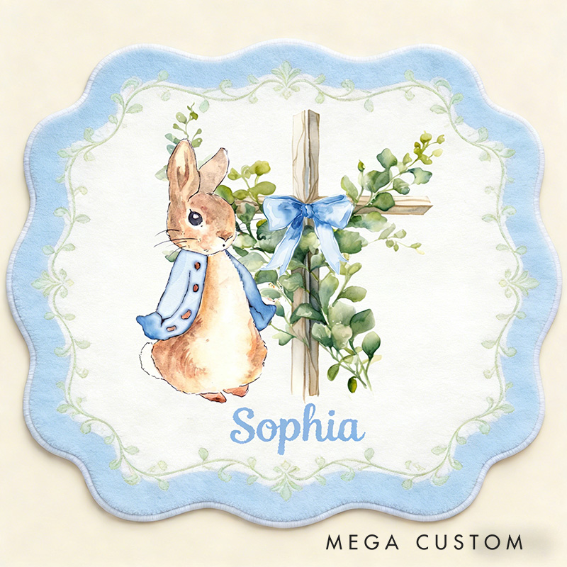 Personalize Floral Bow Cross Rabbit Rug with Custom Name Home Decor Religious Rug Faith Based Gift Easter Gift Christian Gift for Kids