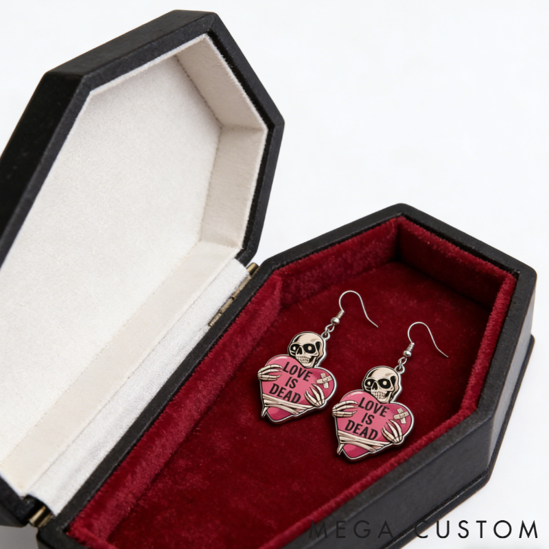 Personalized Acrylic Skull Heart Statement Earrings Dark Sweet Goth Style with "LOVE IS DEAD" for Edgy Fashion Fans
