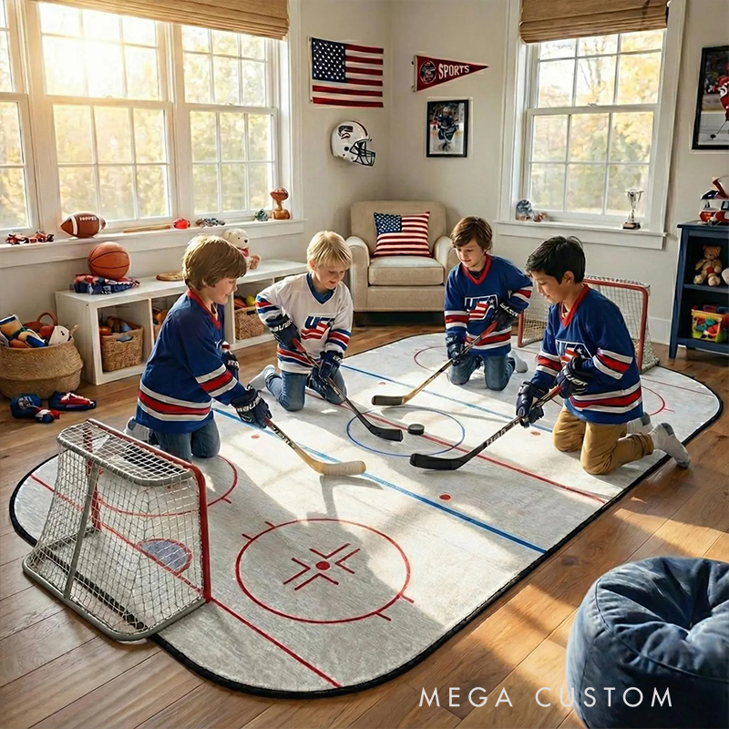 Personalized Hockey Rink Rug Custom Team Logo or Name Fun Play Mat for Kids to Inspire Creativity and Active Play  Gift For Ice Hockey Lovers