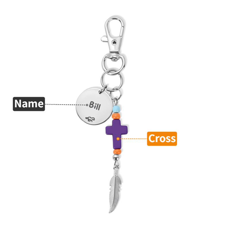 Personalized Natural Stone Cross Saddle Charm with Name and Feather Tassel Horseback Riding Game Christening Gift for Christians Horse Riding Lovers