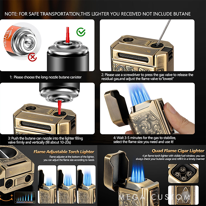 Personalized Cigar Torch Lighter 4 Jet Flame Refillable with Cigar Accessories Gift Box Valentine’s Day Dad Anniversary Gift for Him