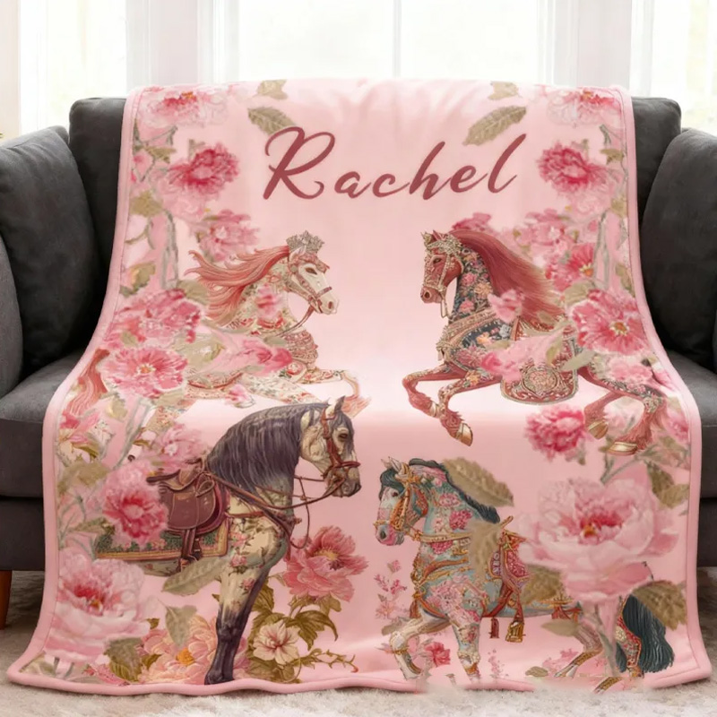 Personalized Riding Floral Blanket Equestrian Horse Custom Name Festive Flower Decor with French Countryside Gifts Family Blanket for Riding Lovers Equestrian Lovers