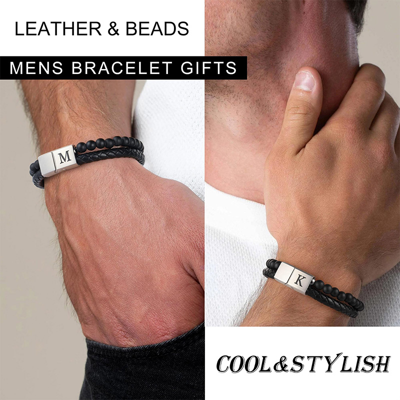 Personalized Beaded Leather Initial Bracelet 6mm Matte Agate Stone Handmade Bracelets Adjustable Mens Bracelet Magnetic Clasp Father's Day gift for Men Bracelets Valentine's Day Gift for groomsman 