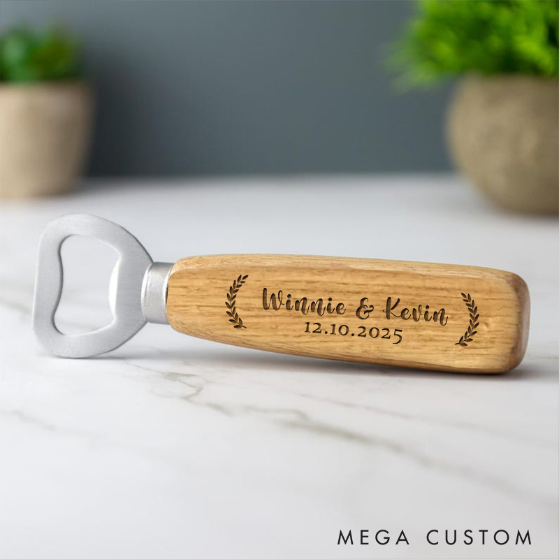 Personalized Engraved Names Laurel Wreath Wood Bottle Opener