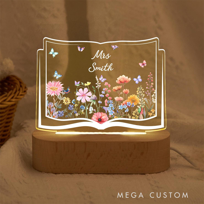 Personalized Teacher LED Desk Lamp with Flower Book Teacher Design Unique Gift for Teachers