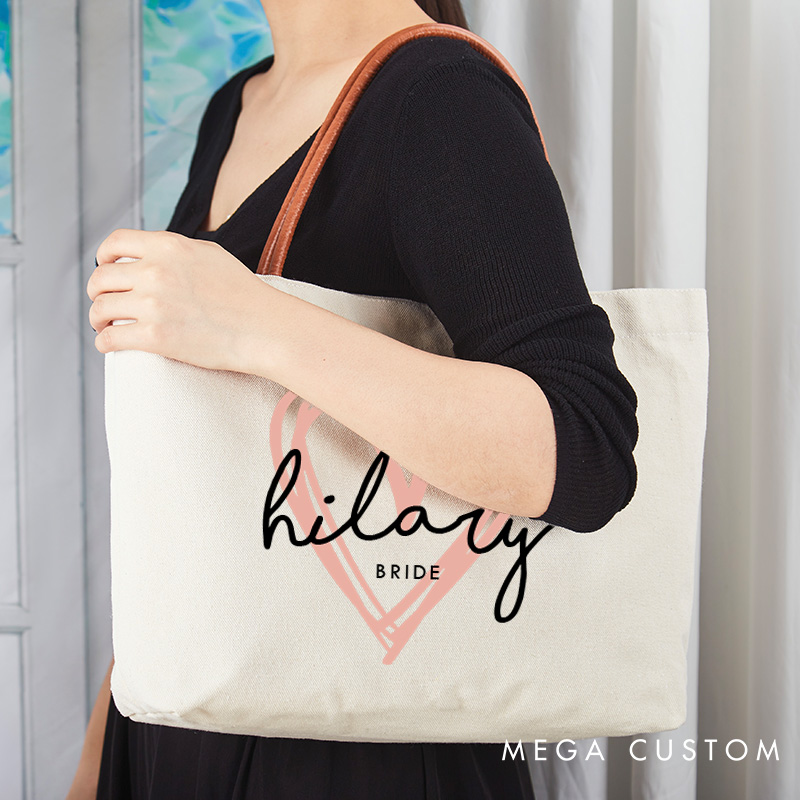 Personalized Bridesmaid Pink Heart Tote Bag with Name Bride Tote Bridal Party Gift