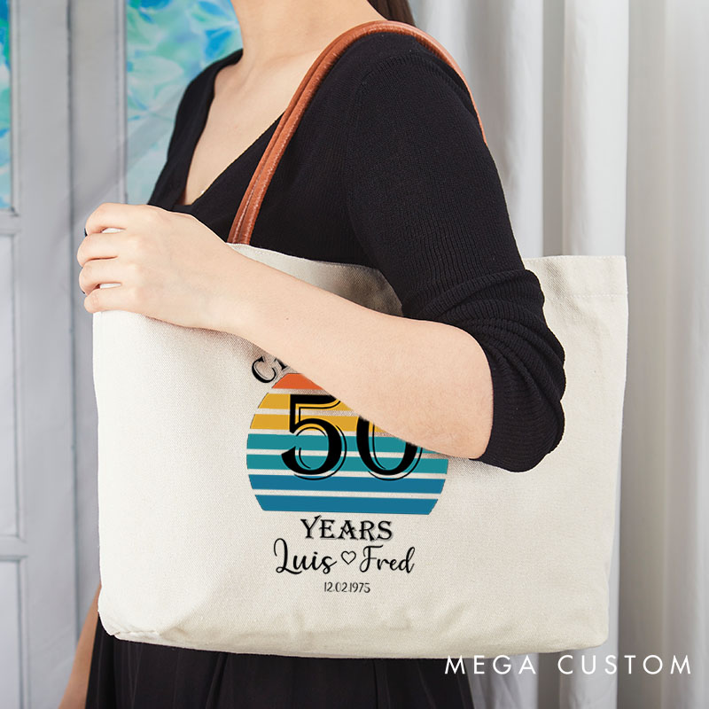 Personalized 50th Anniversary Handbag for Couple Large Capacity Anniversary Gift Simple Leather-Rope Canvas Bag