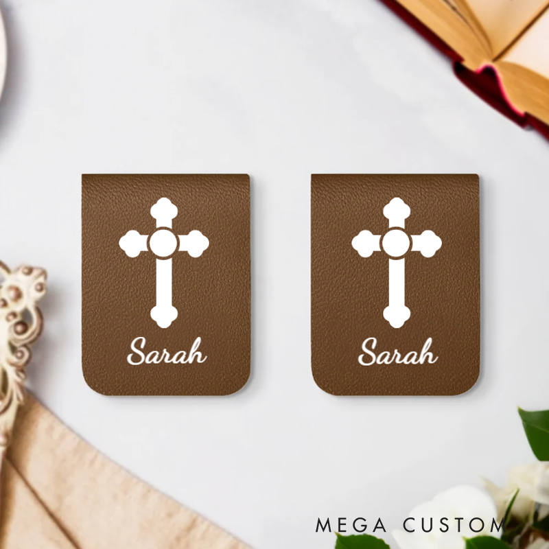 Personalized Cross Birth Flowers Magnetic Leather Bookmark Clip with Name Baptism Birthday Gift for Bookworms Christian Bible Reader
