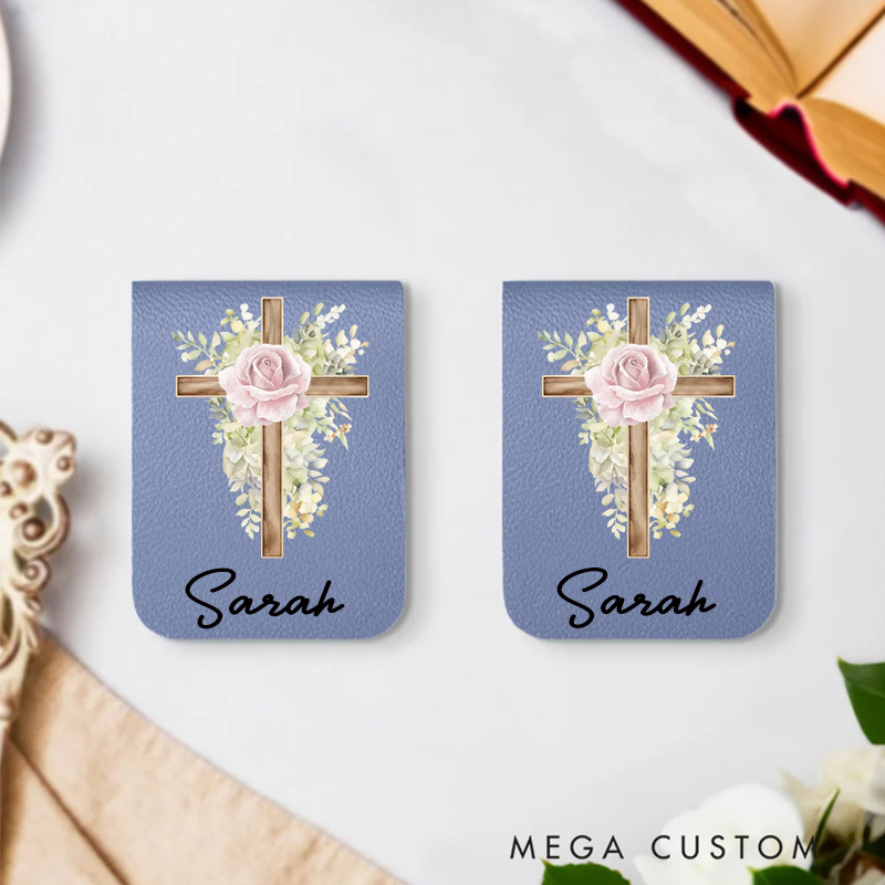 Personalized Watercolor Cross 1-5 Birth Flowers Magnetic Leather Bookmark Clip with Name Birthday Gift for Bible Reader Book Lover Christian
