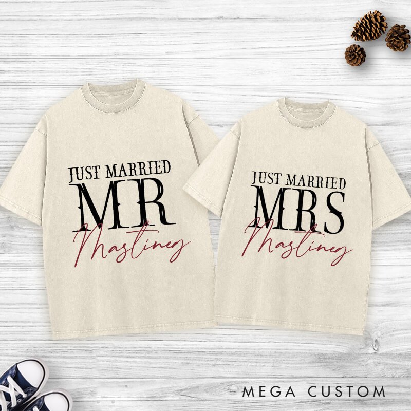 Personalized Modern Just Married Mr and Mrs Matching Wedding Couple Washed T-Shirt