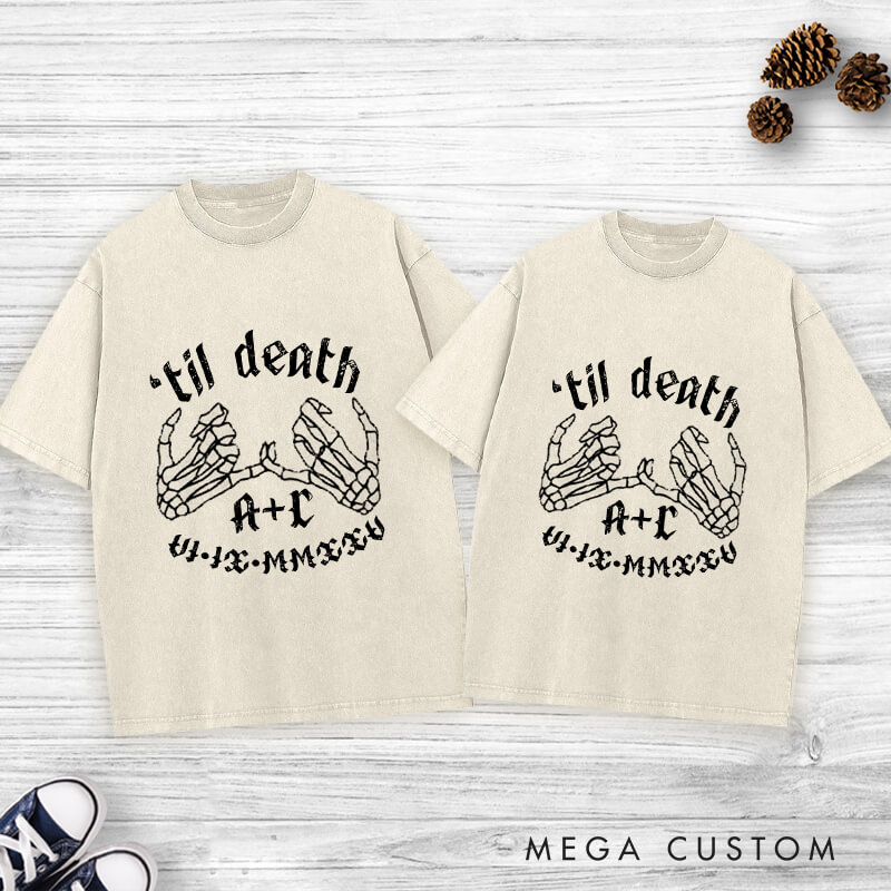 Personalized 'Til Death Skeleton Finger Hooks with Initials and Dates Matching Wedding Couple Washed T-Shirt