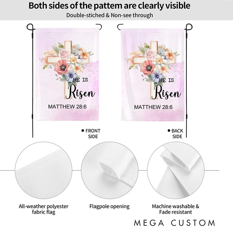 Personalized He is Risen Watercolor Cross 1-5 Birth Flowers Garden Flag with Text Yard Porch Decor Easter Holiday Religious Gift for Family Christian