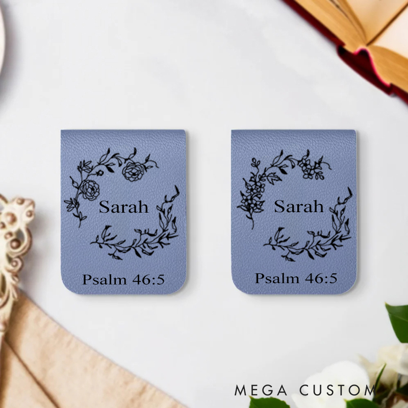 Personalized Birth Flower Wreath Magnetic Leather Bookmark Clip with Name Bible Verse Christmas Gift for Book Lover