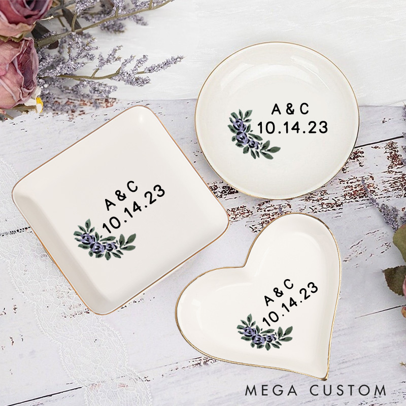 Personalized Elegant Watercolor Purple Floral with Initials Wedding Engagement Gold-Trimmed Ring Dishes