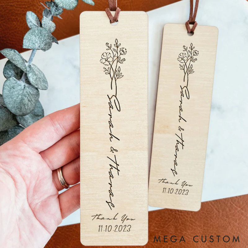 Personalized Thank You Floral Wedding Couple Wood Bookmark