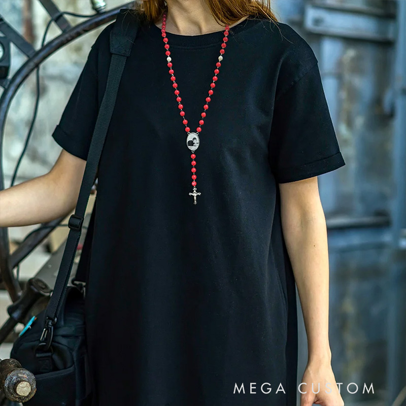 Personalized Multi-Color Rosary Beads Necklace with Photo Cross Pendant Memorial Gift for Women Catholic Rosary Necklace Loss Gifts